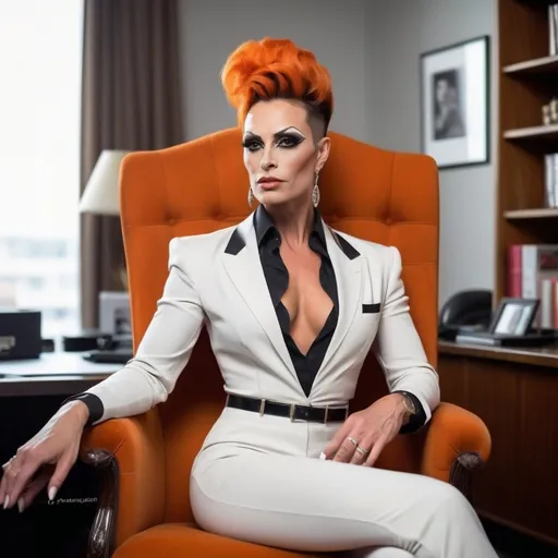 Prompt: A gorgeous muscular 35-year-old Hungarian drag queen (with strong masculine jawline and brow facial features) bodybuilder sitting in a guest chair in a company director's office. She is tall and muscular with  dark orange updo hair that cascades elegantly over her shoulders. Her eyes are sharp and piercing, radiating intelligence and mystery. Vermouth maintains a graceful posture, exuding confidence and poise as she sits in the chair. She is dressed in a sophisticated and fashionable outfit, perhaps a sleek dress or stylish pantsuit that accentuates her figure. In her hand, she holds a cigarette, adding a touch of allure and danger to her persona.