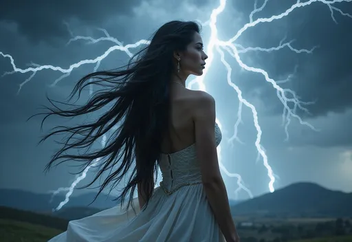 Prompt: HD 4k 3D 8k professional full-body modeling photo hyper realistic beautiful athletically fit goddess enchanted, ethereal greek goddess, ridiculously long platinum black hair (((blowing in the wind))), full body surrounded by ambient glow, lightning, magical, highly detailed, intricate, beautiful superhero style, Storm, outdoor landscape, highly realistic woman, high fantasy background, elegant, mythical, surreal lighting, majestic, goddesslike aura, Annie Leibovitz style 

