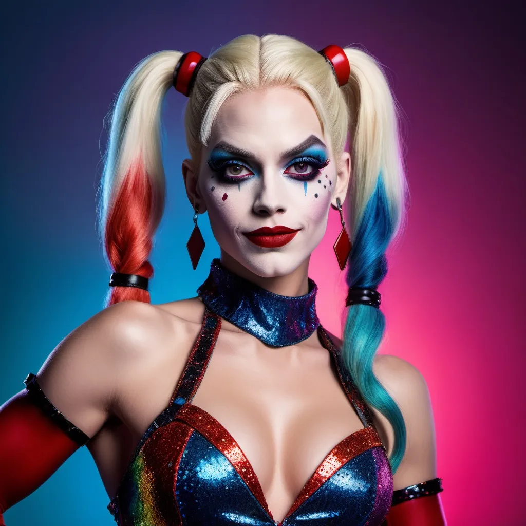 Prompt: If Harley Quinn was a gorgeous supermodel drag queen (full length photo) with long muscular legs