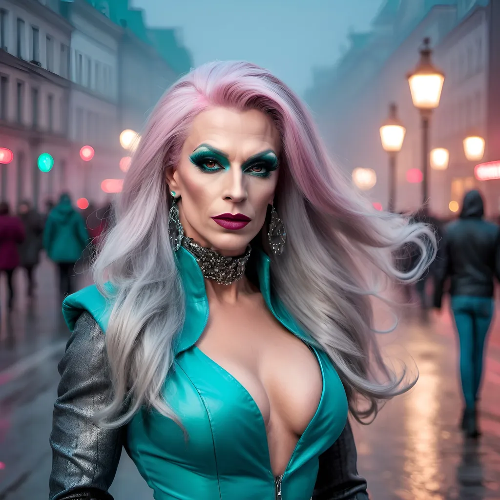 Prompt: Mysterious, gorgeous, muscular, 45-year-old well endowed Polish drag queen (strong masculine jawline and brow features) with long gray pink stylish hair, dark eyeshadow,  and dark red lipstick, wearing a beautiful teal outfit and 8 inch stiletto red thigh-high stiletto high heel boots, walking the streets of Warsaw on a foggy evening.