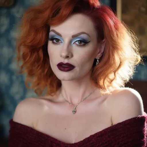 Prompt: Gorgeous muscular 35-year-old red-headed French drag queen in a modern home, against a wall with wallpaper and furniture background
wearing long cable knitted angora mohair sweater , (extremely fluffy:1.8) angora mohair sweater, from side, looking at viewer, smile, (full lips:1.8), dark red lipstick, daek eyeliner, dark makeup, 8k, very detailed, green eyes, very detailed eyes,
source_real, raw, photo, amateur, french drag queen, Close-Set Eyes, [eyecolors violet], full lips, high cheekbones, weak receding chin, burgundy, lob, light blue, lip gloss, __15JeweleryMaterials__ __14Piercing__, large busom,  gorgerous, outdoor, portrait, , highly detailed, detailed skin, depth of field, film grain
(photorealistic) (bokeh) (intricate details) (cinematic lighting) (sharp focus)
