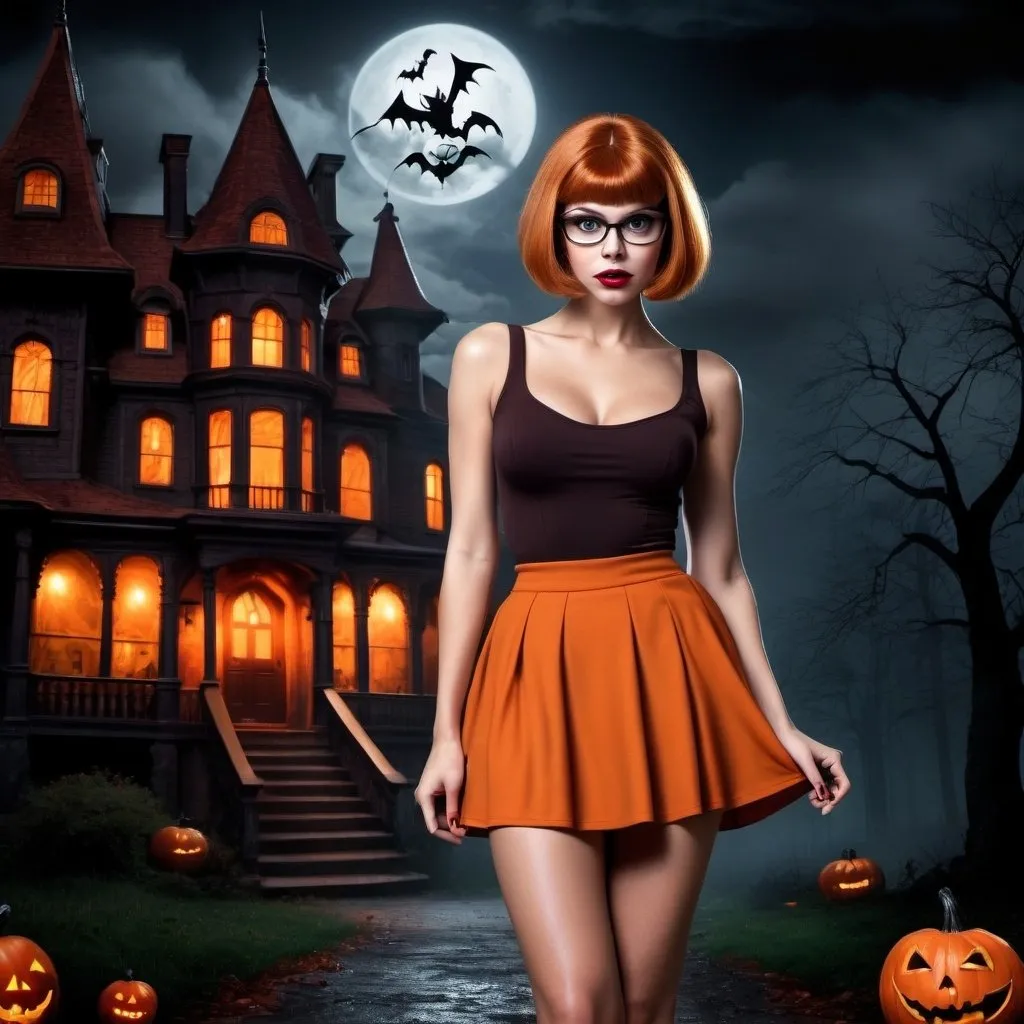 Prompt: Gorgeous 20 year old Czechian Velma Dinkley with big busom and long muscular legs dressed as Velma Dinkley with short brown skirt, 8 inch stiletto high heel shoes, immaculate makeup searching a  dark spooky haunted house, beautiful. 