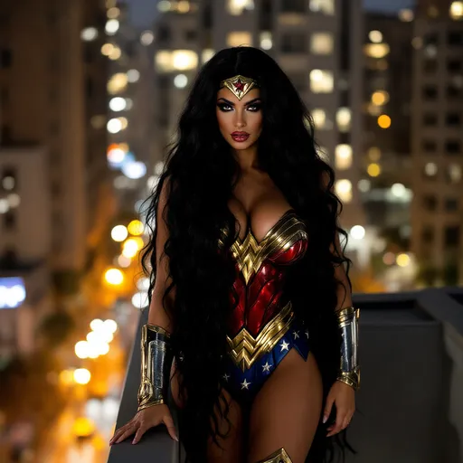 Prompt: Gorgeous ultra-muscular 25-year-old Israeli drag queen bodybuilder with huge busom and ridiculously long wavy black hair, dressed as Wonder Woman (DC Comics Character), standing on the ledge of a building at night.