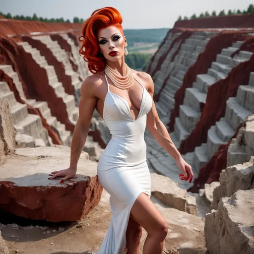 Prompt: Gorgeous ultra-muscular 25-year-old Czechian drag queen bodybuilder with swirly red-orange updo hair, wearing a white loincloth dress with a torn hemline, a pearl necklace, dark red lipstick, and 8 inch stiletto high heel shoes,  posing in a quarry.