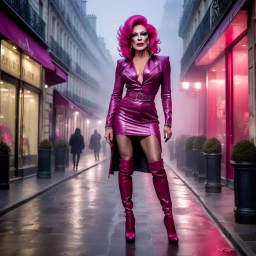 Prompt: Mysterious, Tall, gorgeous, muscular, 45-year-old French drag queen with salt & pepper stylish hair, dark eyeshadow,  and dark red lipstick, wearing a beautiful magenta outfit and 8 inch stiletto red thigh-high stiletto high heel boots, walking the streets of Paris on a foggy evening.