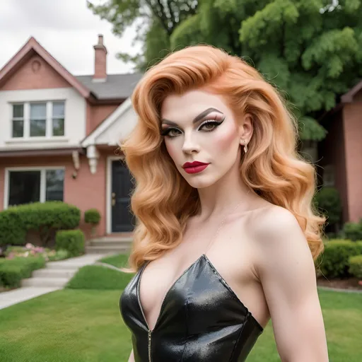 Prompt: Naive, beautiful,  girl-next-door drag queen (strong, masculine jawline and brow) with wavy strawberry-blonde hair, posing on the lawn in a nice neighborhood. 