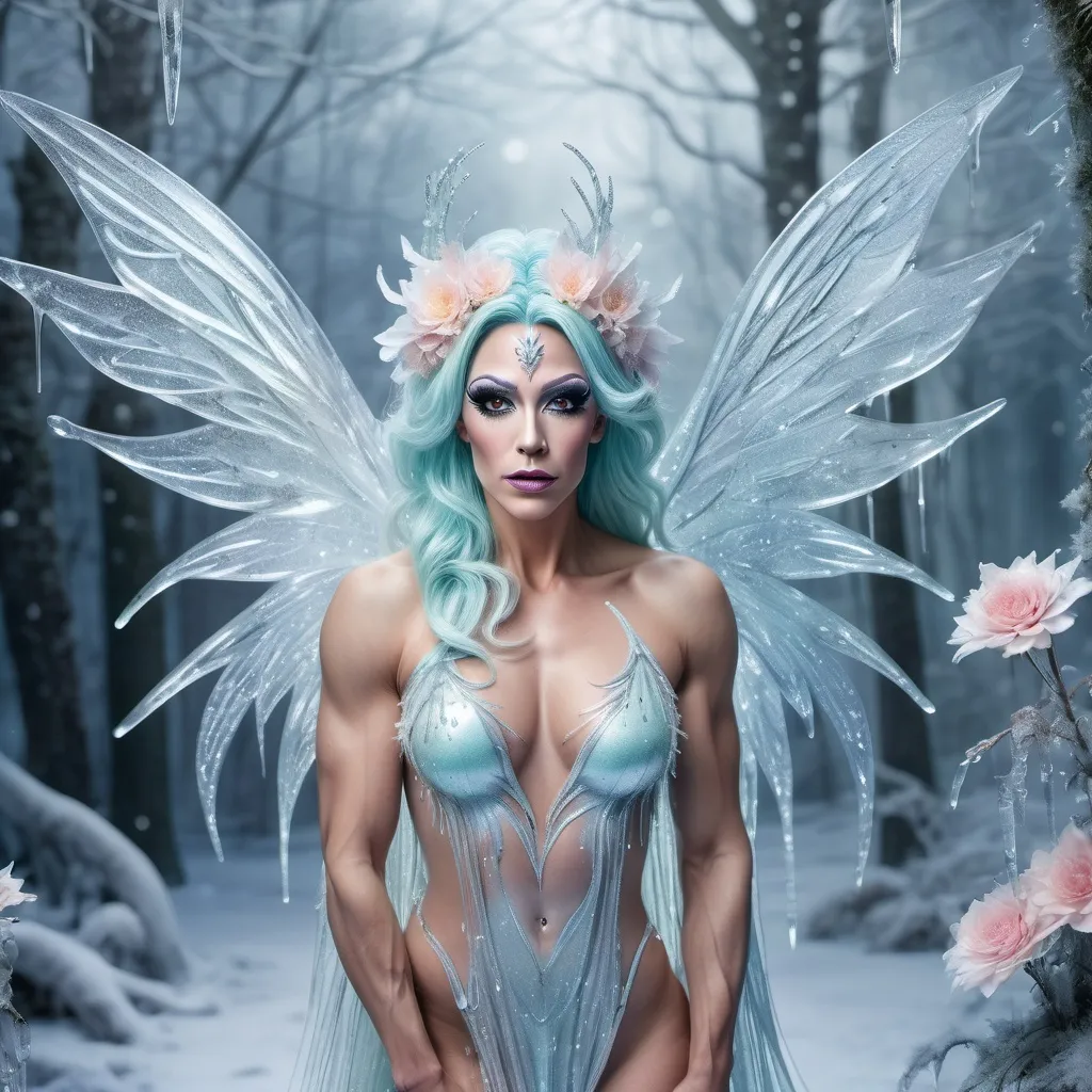 Prompt: Gorgeous muscular 35-year-old (melting ice fairy) drag queen, delicate wings dripping with glistening icicles, ethereal glow from the fairy's body, surrounded by frost-covered flowers, shimmering particles in the air, enchanted forest backdrop, soft pastel color tones, serene and mystical ambiance, (highly detailed), magical light illuminating the scene, ethereal presence, enchanting winter wonderland vibe.