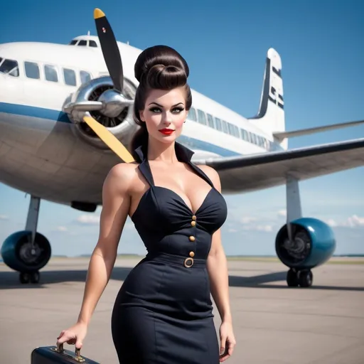 Prompt: Gorgeous ultra-muscular 25-year-old Finnish hour glass figured goddess with gigantic busom and ridiculously long wavy black updo bun hairstyle dressed as a 1960s stewardess,  passenger plane in background. Full length photography. 