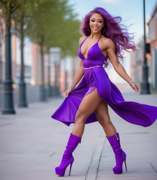 Prompt: High-quality detailed digital photograph of an 27-year-old dutch bodybuilder goddess in a cute dress outfit and wearing cute 6 inch stiletto high heel shoes, ridiculously long wavy violet hair (((blowing in the wind))), wearing a cute cross-body handbag, vibrant and colorful, adorable expression, soft lighting, detailed eyes, professional, 4k, ultra-detailed, cute outfit, long straight high ponytail, platform high heel boots, cute cross-body handbag, adorable expression, soft lighting