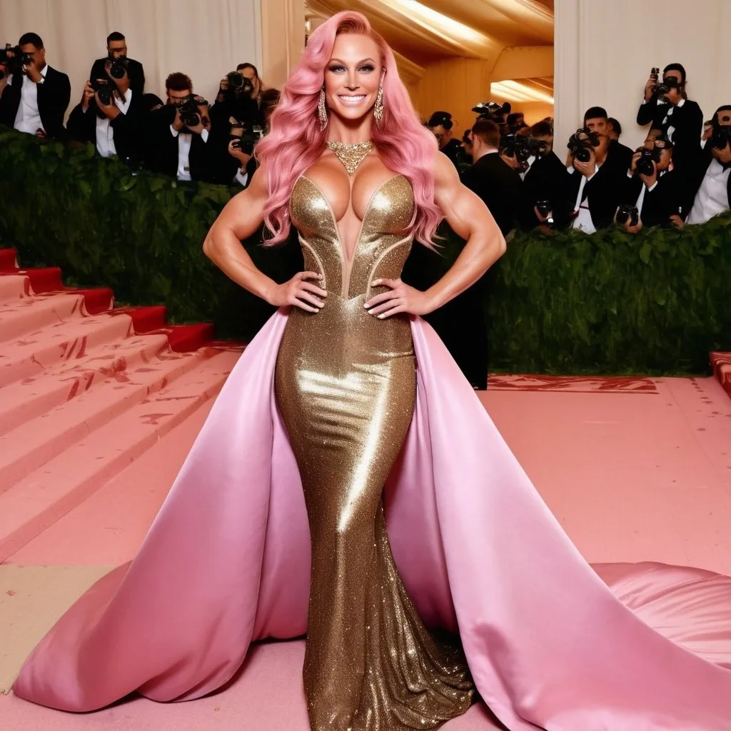 Prompt: Glamour photography of Gorgeous ultra-muscular 25-year-old Finnish bodybuilder with a huge busom, and ridiculously long wavy pink hair on the Met Gala steps in New York wearing designer gold and pink gown with long train, intricate details, glitter and jewels, posed 3/4 turn standing, smile, in the style of Guy Aroch