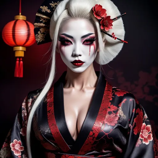 Prompt: (Gorgeous, muscular, goth,  geisha, drag queen bodybuilder), intricate dark makeup, traditional kimono with dark floral patterns, incredible detailing on clothes, perfect make-up, sharp fangs over blood red lips.  contrasting with lace elements, haunting ambiance, shadows reflecting cold moonlight, mysterious surgical precision in fabric details, mystical aura exuding sensuality, lush dark red and black tones, (ultra-detailed), (4K), dark, terrifying yet enchanting and chilling atmosphere in a Japanese grave yard, courtly surroundings filled with ethereal allure.