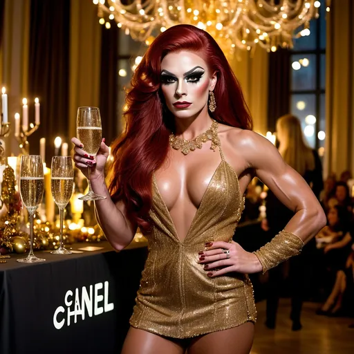 Prompt: A gorgeous muscular 25-year-old Hungarian drag queen bodybuilder with large busom and dark red hair in a (vibrant scene) New Year’s Eve celebration, elegant Chanel fashion, glamorous party atmosphere, sparkling lights, champagne flutes toasting, sophisticated decorations, intricate detailing in attire, warm golden tones mixed with dramatic contrasts, exquisite backdrop featuring a chic cityscape at night, (high quality) 4K, ultra-detailed, capturing the essence of luxury and festivity.