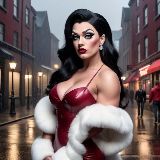 Prompt: Peter Griffin dressed as A hyper realistic flawless 25-year-old gorgeous Northern European drag queen bodybuilder with black hair walking the streets as a classy debutante on a dark and rainy night. Heavy eye makeup. Dark red lipstick.