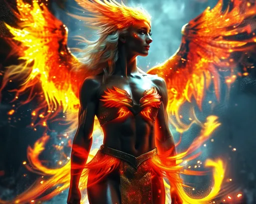 Prompt: a flaming phoenix hovers overtop a 25-year-old muscular goddess. The 25-year-old goddess has clothes made of flames from the Phoenix and looks like a phoenix as a 25-year-old goddess. Full length. Muscular. Large busom.