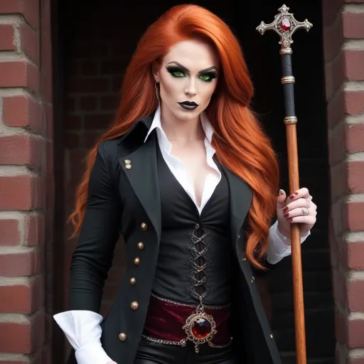 Prompt: A gorgeous ultra-muscular 25-year-old Finnish drag queen bodybuilderwith very long burnt orange hair wearing a long black coat, with a black waistcoat and a white shirt, unbuttoned at the top . She carries a walking cane with a red crystal, round handle. She has green eyes. In the style of gothic & steam punk. She is about 25 years old. wearing a heavy, black coat, black pants, and 8 inch high heel shoes. Composition focus on legs and full-body.