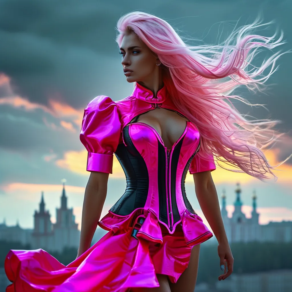 Prompt: Gorgeous ultra-muscular 25-year-old Romania goddess bodybuilder with ridiculously long straight shiny pink hair (blowing  in  the  wind) in colorful neon pink and black miniskirt, highly detailed face, UHD, volumetric lighting, standing on a bluff, distant storm approaching Moscow, futuristic fashion, elegant pose, cityscape, urban, intense gaze, highres, ultra-detailed, glamorous, fashion, atmospheric lighting, modern