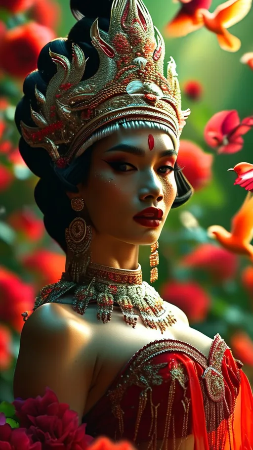 Prompt: Gorgeous ultra-muscular 25-year-old Thai drag queen princess bodybuilder in traditional red attire, heavy mascara and eyeshadow,  dark red lipstick, (surrounded by vibrant red roses), ethereal beauty and grace, flinging birds in the air celebrating love, warm and romantic atmosphere, lush green background accentuating the vivid reds, intricate detailing on clothing, (ultra-detailed, 4K), soft diffused sunlight illuminating the scene, enchanting and joyful ambiance.