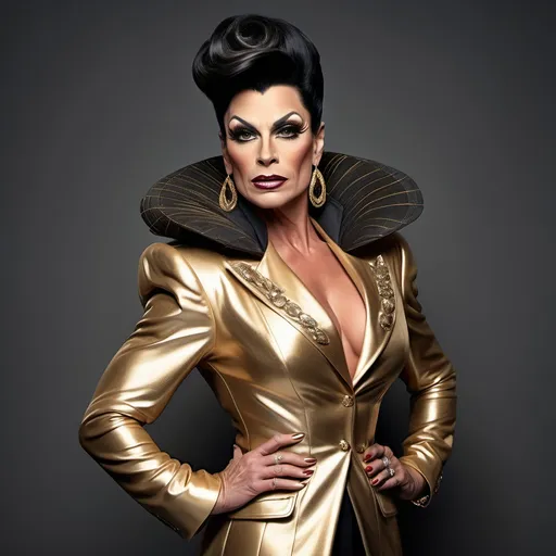 Prompt: "A gorgeous muscular Swiss drag queen in her late forties with striking dark graying hair and brown eyes that shimmer with a golden hue. She has a sharp, regal face and an air of authority. Known as the 'Golden Dutchess,' she is tall and muscular, exuding confidence and refinement. Dressed in a tailored noble coat with intricate detailing, she stands in a grand hall, her demeanor poised yet guarded, hinting at a troubled past beneath her polished exterior."