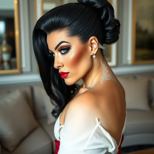 Prompt: Gorgeous ultra-muscular 35-year-old Italian drag queen bodybuilder, profile pose, long black shiny updo, blue eyes, symmetrical face, dark eye shadow, dark red lipstick, elegant lounge, white button-up blouse, bronze and red skirt, black 8 inch stiletto high heel shoes, professional lighting, high-res photo, elegant, professional, detailed, sophisticated, symmetrical face, profile pose, luxurious, feminine, high quality, elegant lounge, white blouse, dark gray skirt, black 8 inch stiletto high heel shoes, professional lighting