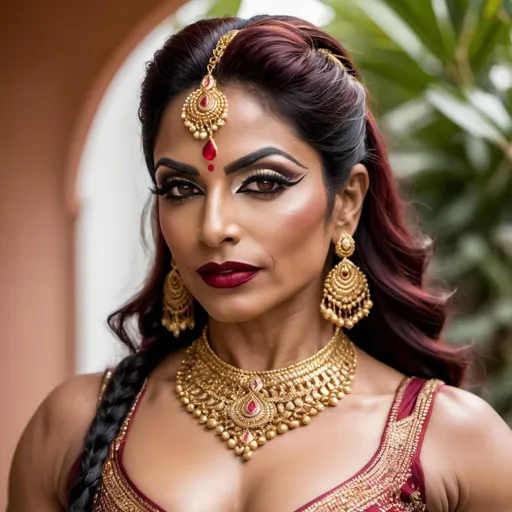 Prompt: A gorgeous muscular 45-year-old Pakistani drag queen bodybuilder, Dark heavy mascara and dark red lipstick. 
Apparel: (In traditional bharatanatyam costume and jewelry, deep neck, short bodice, low waist:1.3)
Hair: (2-yard long hair, braided with gold-ribbons:1.3). 
A dappled shaft of warm sunlight focusses light on her perfect midriff.
Nature worship. Boho aesthetic.
(Full body shot, full view of her whole form:2.0)