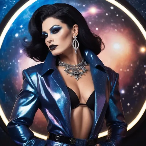 Prompt: Gorgeous muscular 35-year-old Romanian drag queen bodybuilder (with large busom, dark eyeshadow,  dark lipstick,  and short sassy black hair), in a Chanel outer space look, (high fashion) in a cosmic setting, (futuristic) garments with glittering textures and unique cuts, stars and planets sparkling in the background, (deep blue and silver tones) creating a dreamlike atmosphere, dramatic lighting that highlights intricate details of the clothing, (elegant) poses showcasing style, (ultra-detailed) and vivid imagery, atmosphere as if in an interstellar boutique.