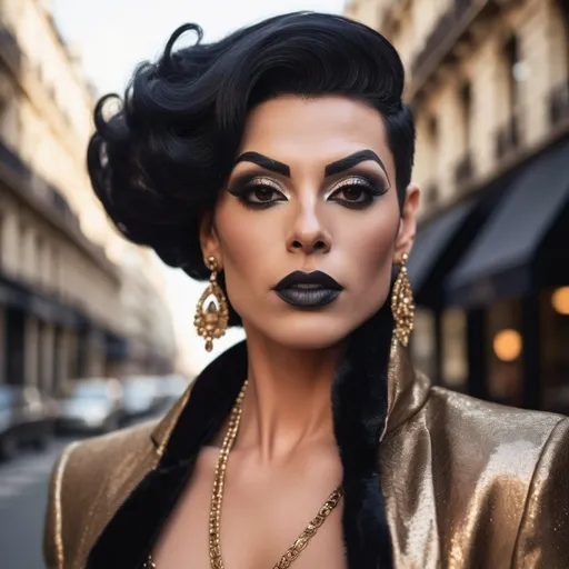 Prompt: (photorealistic) glamour photography, a handsome man DRESSED UP AS a Gorgeous muscular 35-year-old Egyptian DRAG QUEEN (with drag queen facial features, dark lipstick, large busom, dark black hair) posing elegantly in Paris, breathtaking city background, soft natural lighting, dramatic shadows, high fashion style, inspired by Guy Aroch, classic romance vibe, vibrant colors with a touch of vintage, ultra-detailed capture, showcasing intricate details in outfit and accessories, capturing the essence of Parisian beauty and sophistication.