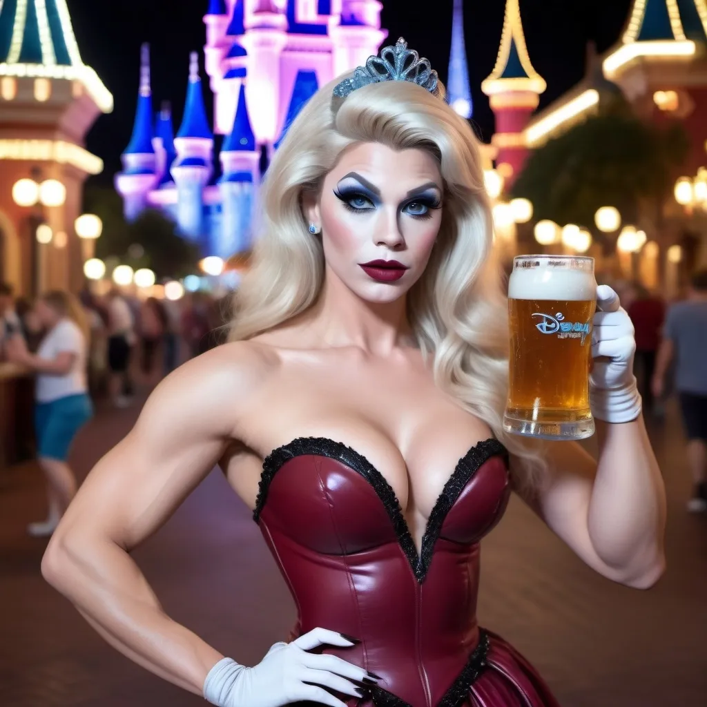 Prompt: Gorgeous ultra-muscular 25-year-old Swedish drag queen Cinderella with 8 inch stiletto high heel shoes, dark mascara, eyeshadow and dark red lipstick, standing in Disney World holding a beer and flirting with guests at night