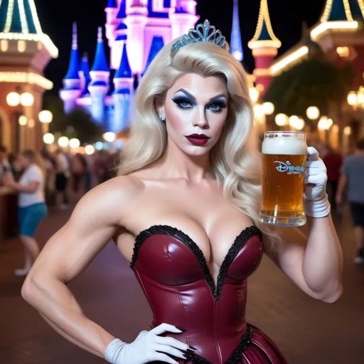 Prompt: Gorgeous ultra-muscular 25-year-old Swedish drag queen Cinderella with 8 inch stiletto high heel shoes, dark mascara, eyeshadow and dark red lipstick, standing in Disney World holding a beer and flirting with guests at night