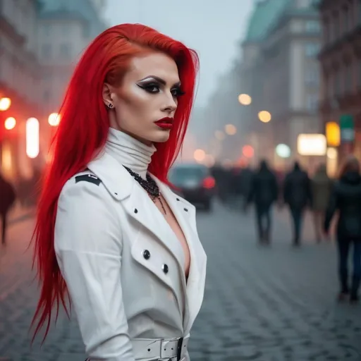 Prompt: Mysterious, Tall, gorgeous, muscular, 25-year-old Polish drag queen (masculine jawline and brow facial features) with long bright red stylish hair, dark eyeshadow,  and dark red lipstick, wearing a beautiful white outfit and 8 inch stiletto red thigh-high stiletto high heel boots, walking the streets of Warsaw on a foggy evening.