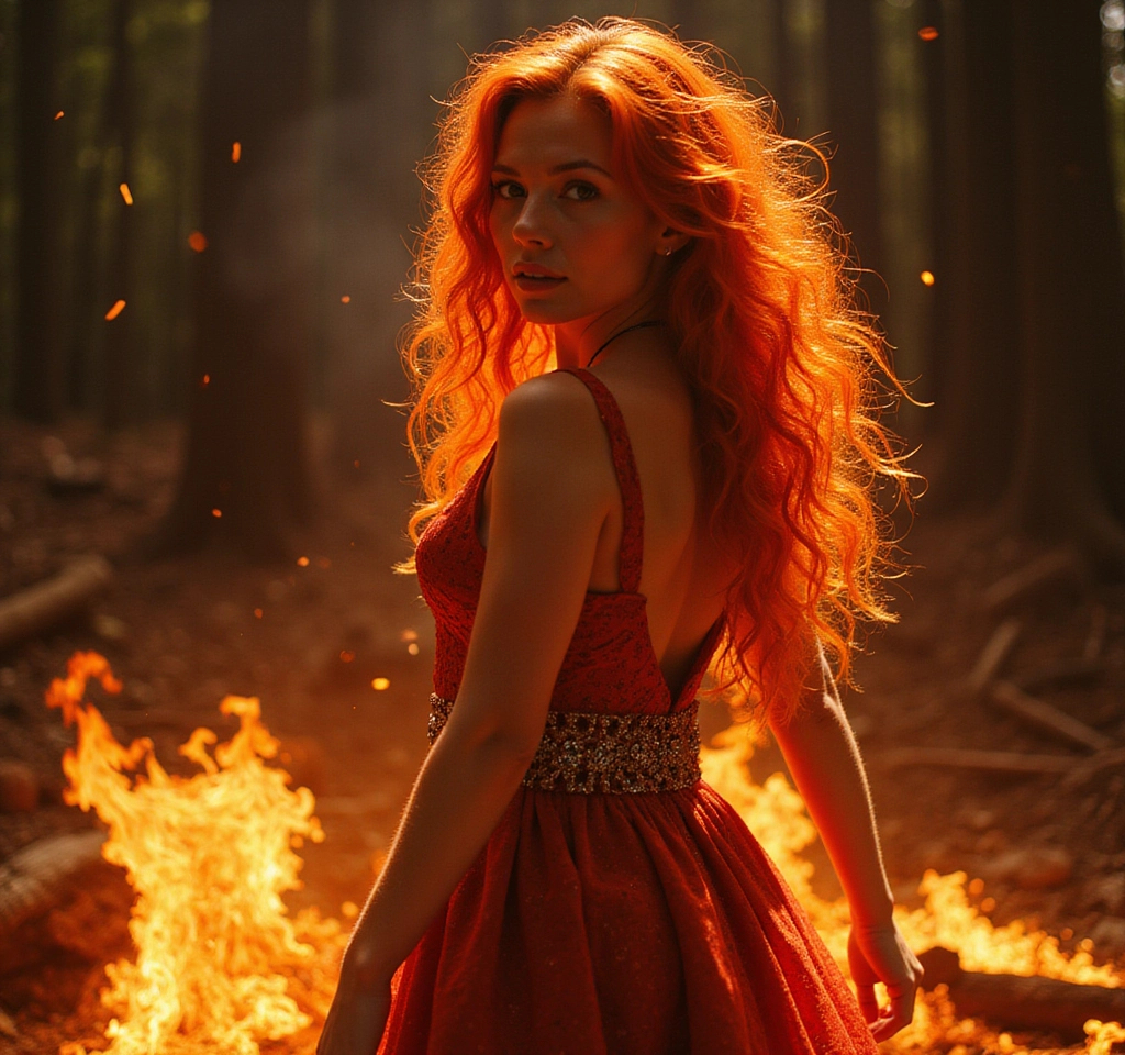 Prompt: Gorgeous athletic 25-year-old Czechian goddess with hair of fire. She is Wearing a gown of lava.