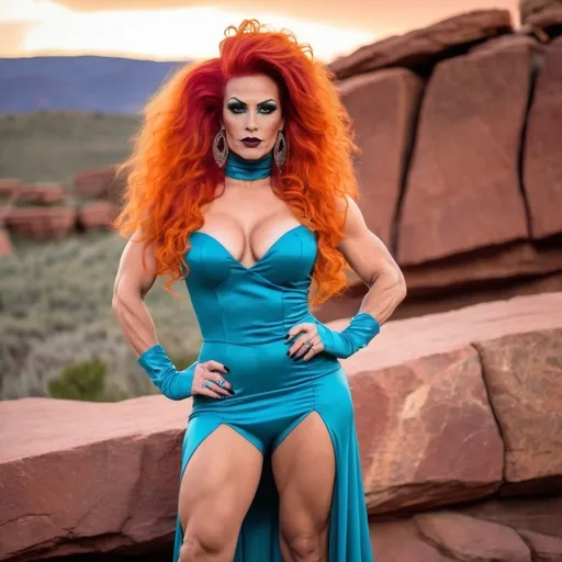 Prompt: A gorgeous muscular 35-year-old Turkish drag queen bodybuilder with large busom, dark eye makeup, dark lipstick, a long curly bright orange hair, wearing an asymmetrical teal gown, and 8 inch platform stiletto high heel knee-high boots,  Colorado Red Rocks at sundown in the background. 