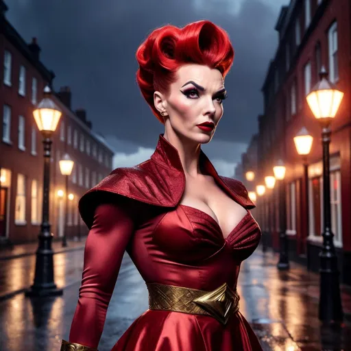 Prompt: Dr. Strange dressed as A hyper realistic flawless 25-year-old gorgeous Northern European drag queen bodybuilder with red updo hair walking the streets as a 50s housewife on a dark and rainy night. Heavy eye makeup. Dark red lipstick.