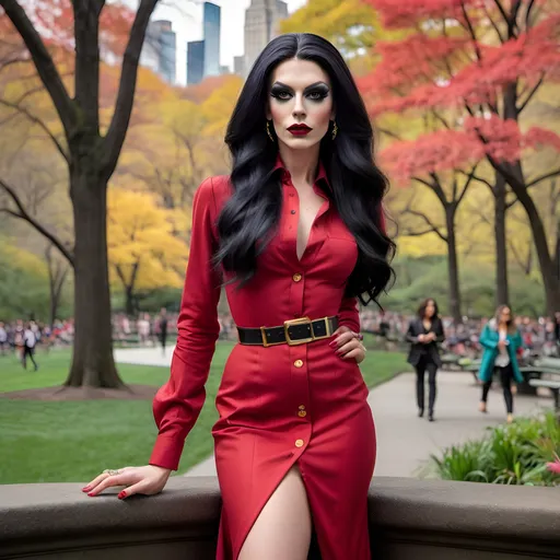 Prompt: Slim, gorgeous, 25-year-old, Swiss drag queen with a strong masculine jawline, dark eyeshadow and dark lipstick, wearing a form fitted slim long Red button down dress, gold stiletto high heels, long straight black hair. Posing in Central Park.