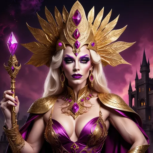 Prompt: Fantasy illustration of a powerful British drag queen bodybuilder sorceress, vibrant gold and magenta color palette, ancient castles in the background, dark eye makeup, darl lipstick,  flowing silk garments with intricate Wiccan patterns, majestic headdress adorned with gemstones, 8 onch stiletto high heel shoes, mystical glowing staff, high quality, detailed fantasy, British, mystical, powerful sorceress, gold and magenta, ancient castles, flowing garments, Wiccan patterns, majestic headdress, glowing staff, fantasy illustration, vibrant colors, mystical atmosphere