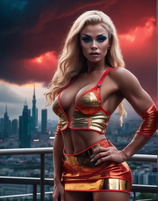 Prompt: Gorgeous ultra-muscular 25-year-old Czechian drag queen bodybuilder with huge busom in colorful neon red and gold mini skirt, highly detailed face with sharply detailed blue eyes, UHD, volumetric lighting, standing on a bluff, distant storm approaching Moscow, futuristic fashion, detailed hair, elegant pose, cityscape, urban, intense gaze, highres, ultra-detailed, glamorous, fashion, atmospheric lighting, modern