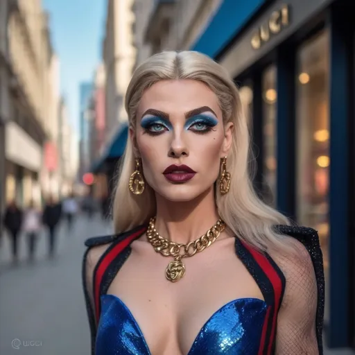 Prompt: A gorgeous muscular 25-year-old French drag queen Instagram influencer with medium busom, dark blonde hair, darkeyeshadow,  heavy mascara, and dark lipstick, blue eyes, photoshoot. in a outdoor fancy area. background Gucci store. 

photorealistic, (realistic skin texture)
high dynamic range.