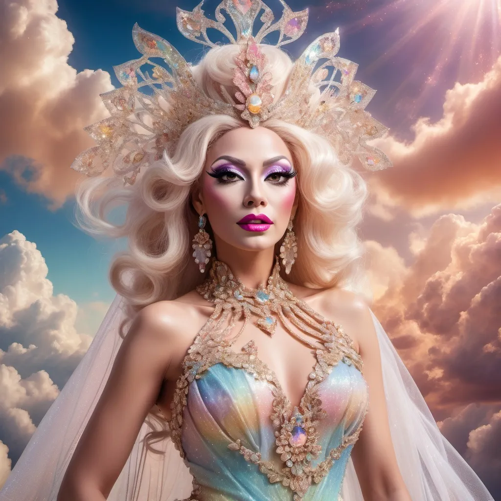 Prompt: The most beautiful caucasian drag queen in Heaven wearing the traditional Heaven dress.