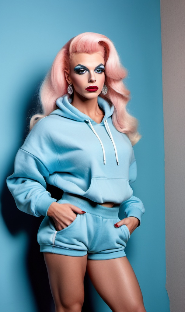 Prompt: Frank Sinatra dressed up as a Gorgeous ultra-muscular 25-year-old Swedish drag queen bodybuilder Gen Z fashion model, with a charming and cute vibe, dark eye makeup and dark red lipstick wearing an oversized pastel blue sweatshirt paired with black joggers and white 8 inch stiletto high heel shoes. Her relaxed yet stylish look is accessorized with a backpack and hoop earrings, perfect for a laid-back day in the city. The full-body image captures her standing in front of the iconic Truong Tien Bridge in Huế, with the peaceful river in the background. Image size: 1080x1920."