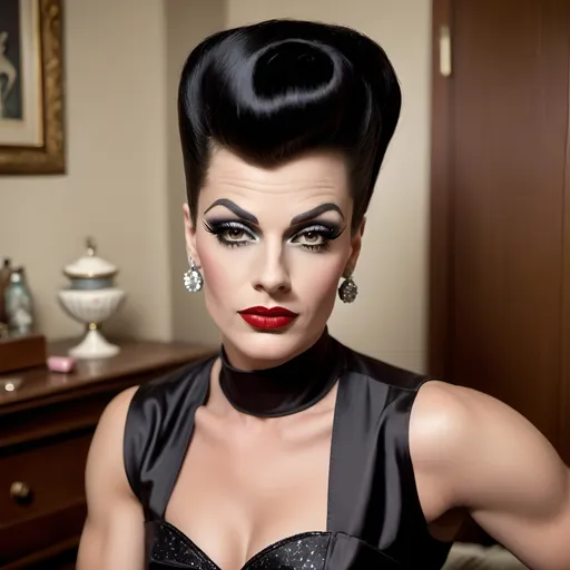 Prompt: A gorgeous muscular 30-year-old Czechian drag queen (((strong masculine jawline and brow))) housewife (((dark eyeshadow and dark lipstick))) in the 1950s wearing a solid sweetheart swing dress. Posing in the living room.