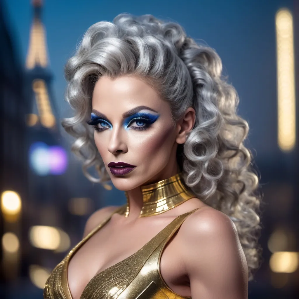 Prompt: (realistic image of futuristic French drag queen age-45), (muscular, pretty, curvy, muscular), light skin, (curly silver updo hair), blue eyes, (dressed in a gold dress), dark eye makeup, dark lipstick, posed flirty, futuristic city background, misty morning, (rich textures), (soft lighting), (ultra-detailed), 4k quality, opulent decor.