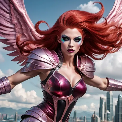 Prompt: A photorealistic image of a Gorgeous ultra-muscular 25-year-old drag queen Sky Elf fighter, a lithe and agile warrior with flowing bright red hair and iridescent pink wings, dark eye makeup and dark lipstick, in mid-battle amidst the floating islands of their sky city. The Sky Elf fighter, clad in sleek, shimmering armor that catches the light, wields dual blades with unmatched speed and precision. Their movements are a blur as they attack with the swiftness of the wind, the blades cutting through the air with ease. The scene captures the dynamic motion of combat, with the fighter executing a swift aerial maneuver, their wings catching a gust of wind that propels them forward. In the background, the floating city with its grand, airy architecture is partially shrouded in mist, giving a sense of otherworldly elevation. Art styles: photorealism, action, fantasy. Lighting: natural daylight, dynamic shadows. Camera: wide-angle action shot. Resolution: 8k, ultra-detailed.