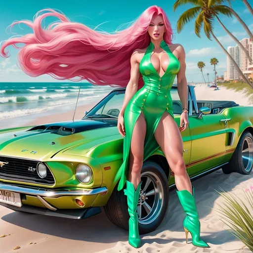 Prompt: Gorgeous ultra-muscular 25-year-old Finnish goddess bodybuilder with huge busom, and ridiculously long  pink hair (((blowing in the wind))), long muscular legs, wearing thigh-high 6 inch stiletto high heel boots and a tight gold satin button up mini-dress standing next to a shiny 1968 Ford Mustang convertible ((( neon mint green))) car parked along a beach in Daytona Beach, flirty expression, defined muscles, photorealistic, hyperdetailed, 8K, photograph, colour film