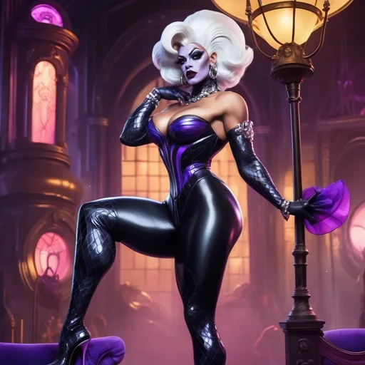 Prompt: Gorgeous muscular cyberpunk drag queen (Disney's) Ursula, great legs, crystal high heels,  dark lipstick.