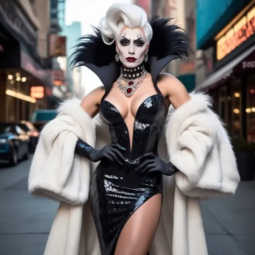 Prompt: Gorgeous muscular cyberpunk drag queen (Disney's) Cruella de Vil, great legs, crystal high heels,  dark lipstick.