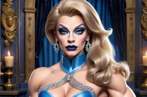 Prompt: Make an image of "Cinderella" as a British drag queen bodybuilder. She has dark blonde hair that reaches her waist. Depict her as a crusader who helps weak citizens in their digital skills. She likes to wear power blue 19th Century style dress, tight leggings, dark eye makeup,  dark lipstick and 8 inch stiletto high heel shoes.