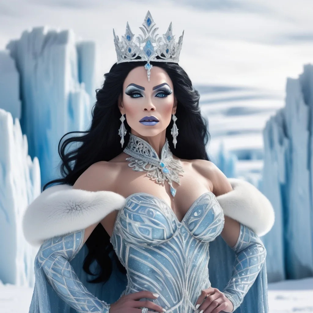 Prompt: Powerful, gorgeous, muscular, drag queen Princess with Black Hair and Blue Eyes, (ethereal presence), standing majestically amidst a sparkling Arctic landscape, flurries of soft snow swirling around her, icy blue and white tones, shimmering in soft, cool light, intense gaze exuding confidence, elegant royal attire adorned with a delicate silver pattern, crystalline ice formations in the background, (ultra-detailed), (high quality).