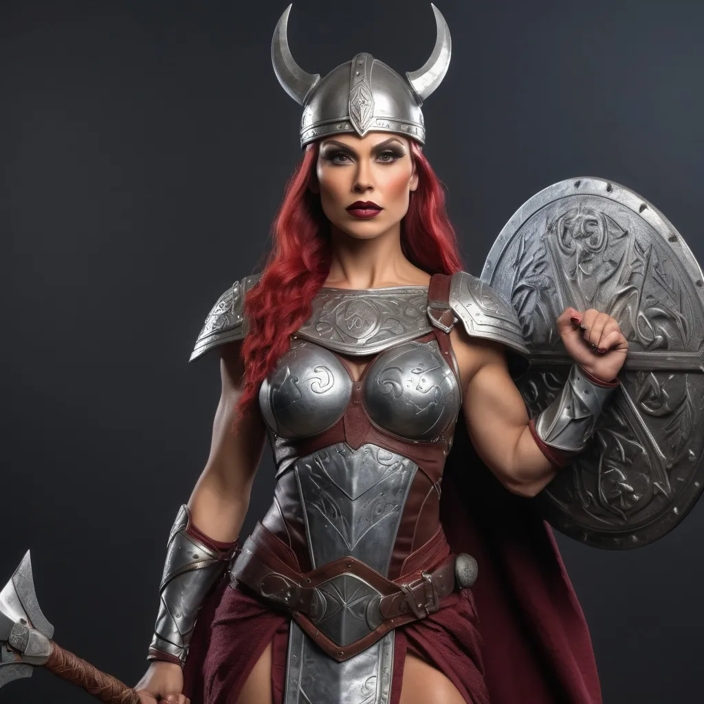 Prompt: Generate a highly photorealistic portrait full body shot of a gorgeous muscular 35-year-old Viking Valkyrie drag queen (strong masculine jawline and brow features) with large busom, holding a magical spear, silvery viking armor with runes, dark red lipstick, thick legs, over knee boots. She is looking down while standing. She is standing in an ancient Viking city.