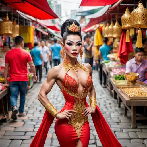 Prompt: A full-body view of a gorgeous Thai drag queen bodybuilder in a traditional red and gold dress, standing on a cobblestone street in a bustling Thai market, with vibrant stalls and colorful canopies in the background fully in focus.