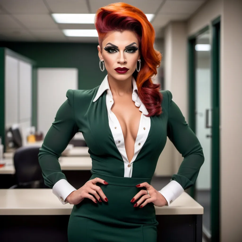 Prompt: Gorgeous ultra-muscular 25-year-old drag queen businesswoman, very well endowed, dark orange updo hairstyle, wearing sophisticated dark green business dress and white blouse, dark eye shadow and dark red lipstick, 8 inch stiletto high heel shoes, standing by a cubicle 