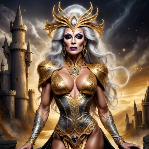 Prompt: Fantasy illustration of a powerful 55-year-old British drag queen bodybuilder sorceress, vibrant gold and silver color palette, ancient castles in the background, dark eye makeup, darl lipstick,  flowing silk garments with intricate Wiccan patterns, majestic headdress adorned with gemstones, 8 onch stiletto high heel shoes, mystical glowing staff, high quality, detailed fantasy, British, mystical, powerful sorceress, gold and silver, ancient castles, flowing garments, Wiccan patterns, majestic headdress, glowing staff, fantasy illustration, vibrant colors, mystical atmosphere